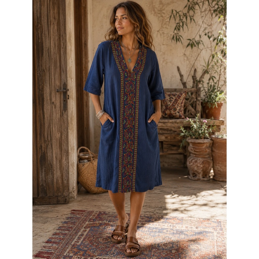 Go Softly Patio Boho Dress Womens Medium Blue Chambray Embroidered with Pockets
